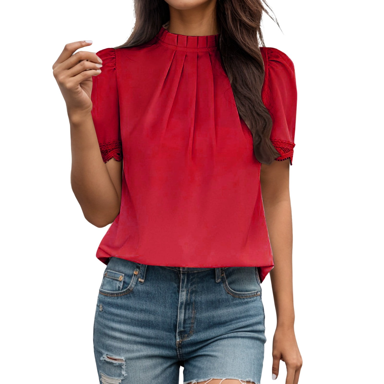WEIYLL Womens T-Shirts Solid Temperament Loose Short Sleeve Mock Neck Ruffles Red Tees Sizes L