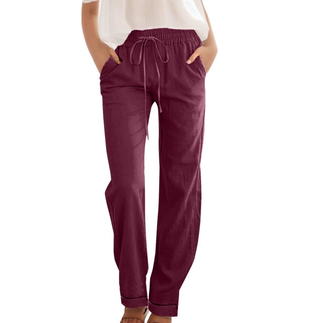 VEKDONE Womens Linen Long Pants Wine L