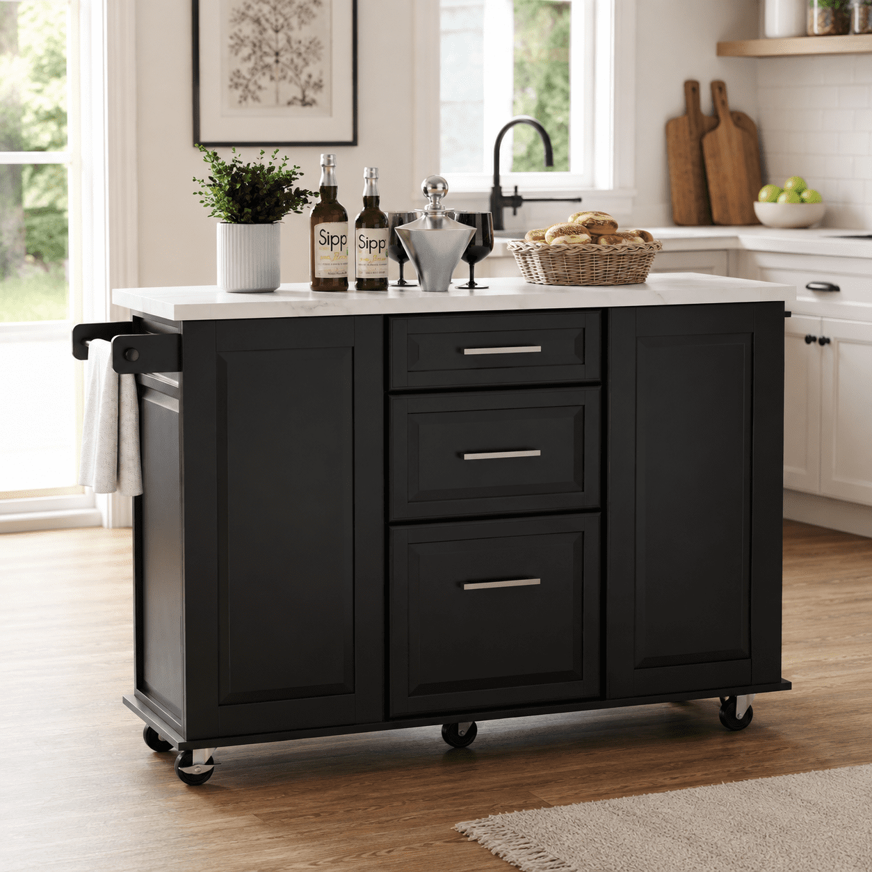 Homy Casa Îlot de cuisine roulant 50,7 po avec rangement, abattant, armoire basculante pour poubelle, organiseur coulissant, 2 tiroirs, noir