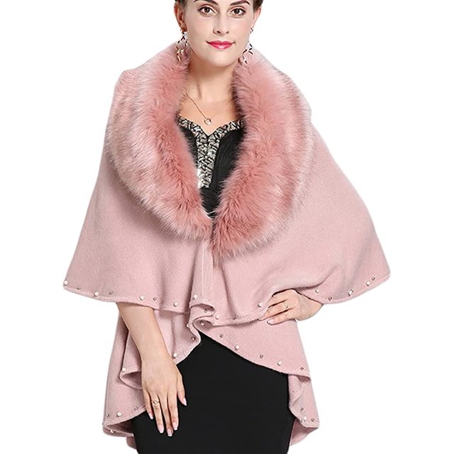 LinYooLi Women's Faux Fur Collar Shawl Wrap Fashionable Solid Color Poncho Cape Open Front Cardigan for Fall Winter 2022