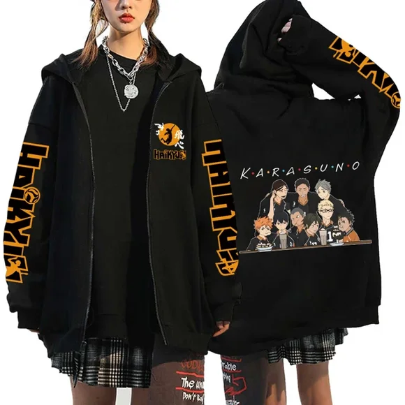 Haikyuu Japan Anime Zip Up Hoodie Karasuno High School Hooded Men Women Sweatshirts Harajuku Autumn Winter Zipper Pullover black 9 M