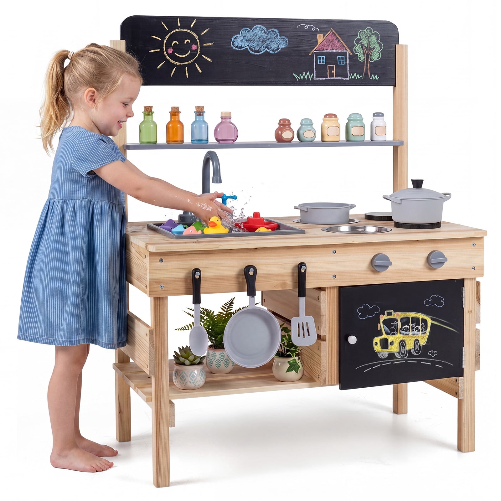 Costway Outdoor Mud Kitchen for Kids, Wooden Play Pretend Kitchen with Cooking Accessories Natural