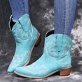 thumbnail image 2 of HBFAGFB Womens Boots Retro Embroidery Square Heels Slip-On Short Booties Pointed Toe Shoes Blue Size 37, 2 of 4