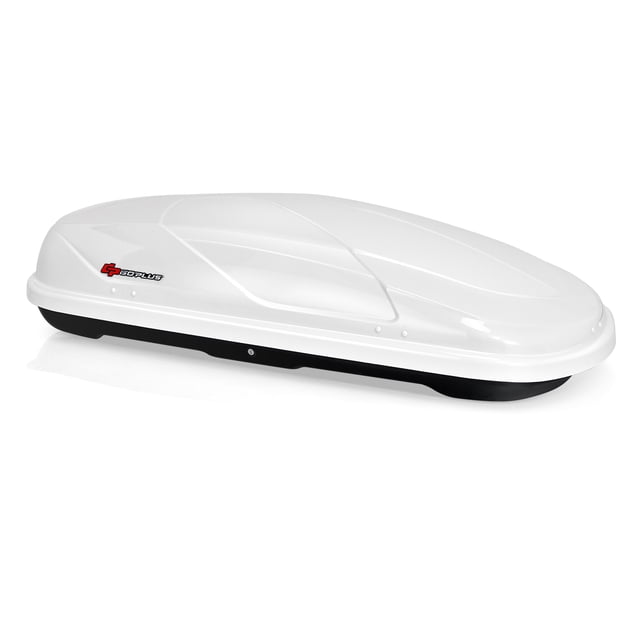 Goplus Coffre de Transport de 14 Pieds Cubes à Ouverture Double Face pour Toit en Blanc, Conçu pour la Compatibilité avec les Grilles de Toit et la Gestion du Cargo. Doté d'Une Conception Aérodynamique pour Réduire la Traîne et le Bruit du Vent, Matériau ABS et PC pour la Durabilité, Rénovateurs de Couvercle pour la Rigidité, et d'Un Super Loquet pour la Sécurité. Comprend une Quincaillerie de Montage à Dégagement Rapide compatible avec la Plupart des Barres Transversales. Dimensions : 62,5 x 30 x 15 Pouces.