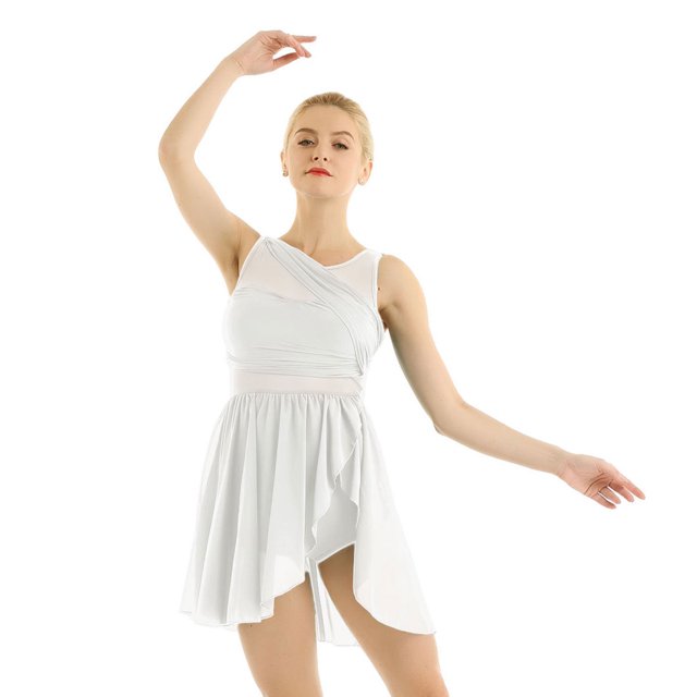 LiiYii Robe de Ballet Sans Manches en Maille Fluide pour Femmes Costume de Danse Lyrique pour Performance sur Scène Blanc 3TG