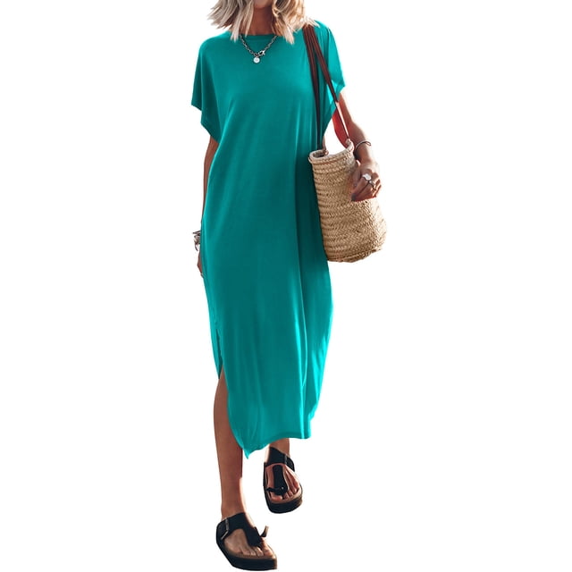 Kmbangi Robes Longues Noires pour Femmes pour l'Été 2023, Manches Chauve-Souris Courtes Col Rond Fendu Robe de Plage Décontractée