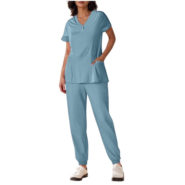Yanlir Womens Button Down Solid Color Short Sleeve V Neck Blouse and Foot Binding Pants Set Fashion Two Piece Outfit(Light Blue,L)