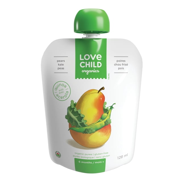 Love Child Organics Superblends Pears, Kale + Peas Puree 128ml baby food pouch with green cap, featuring a pear wrapped in kale and peas illustration on white background, organic, gluten-free, and suitable for babies 6 months and up.