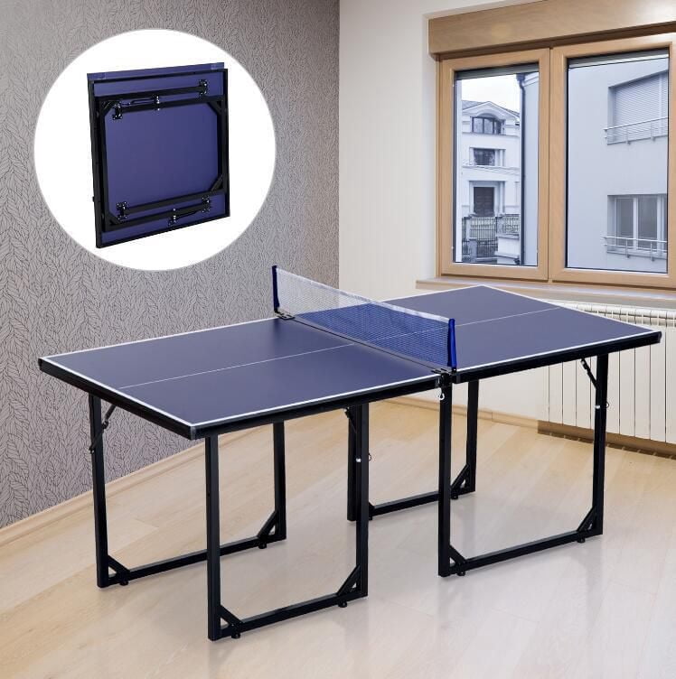 Soozier 6x3ft Table de tennis de table compacte de taille moyenne Table de ping-pong familiale multi-usage pliante debout libre bleu