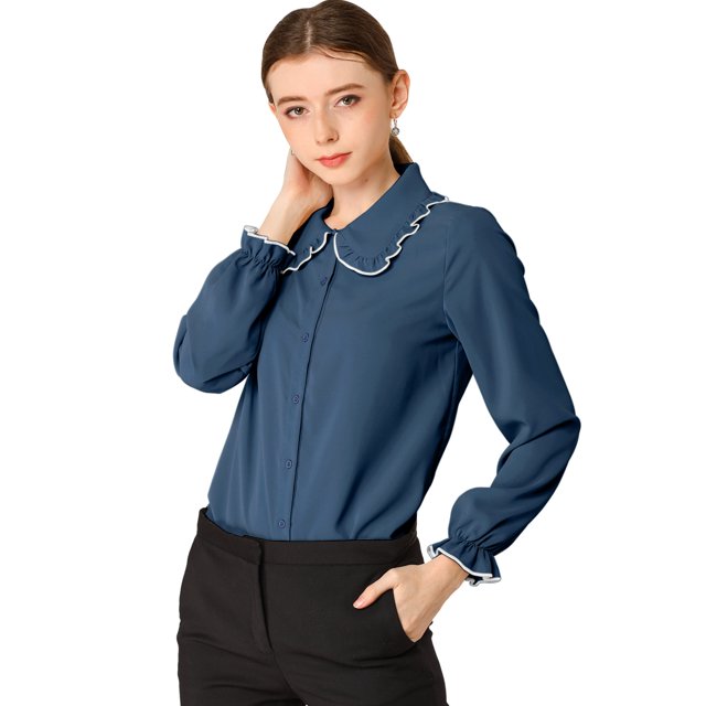 INSPIRE CHIC Women's Sweet Ruffle Peter Pan Collar Button Up Work Shirts