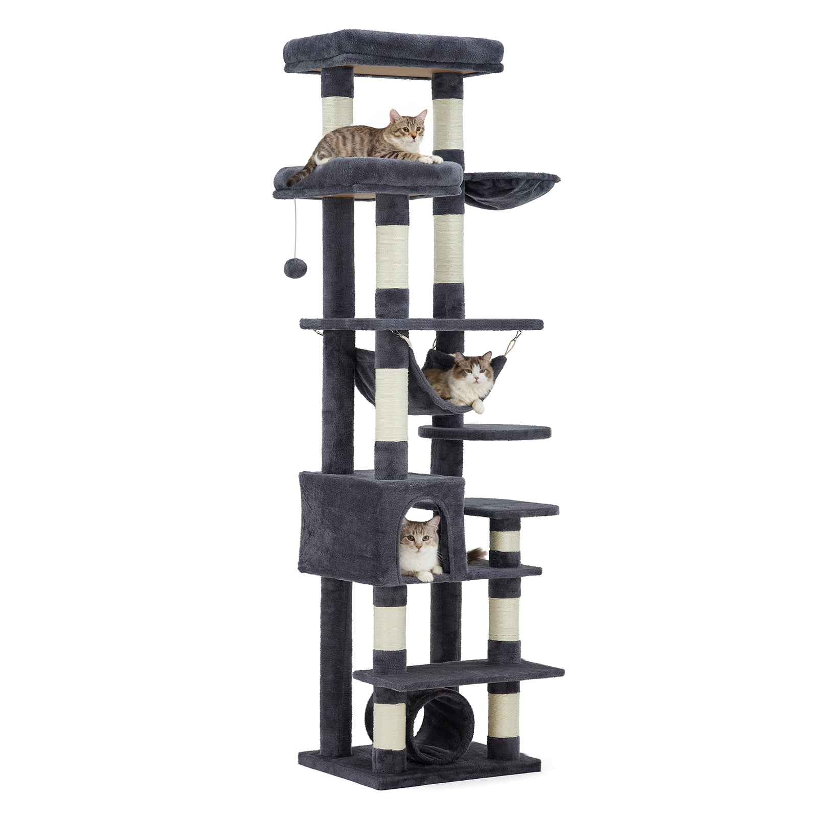 74" Tall Cat Tree Tower for Large Cats – Multi-Level Cat Condo with 11 Sisal Scratching Posts, Soft Hammock, Perches, Tunnel, Feeding Station, Cozy Bed – Heavy Duty Indoor Cat Activity Center