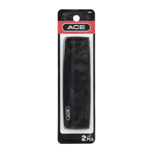 Ace 5-inch pocket comb hard rubber 2-pack in black with fine teeth for precise hair styling and grooming, displayed in clear blister packaging with black and red backing, suitable for men's hair care and travel use.