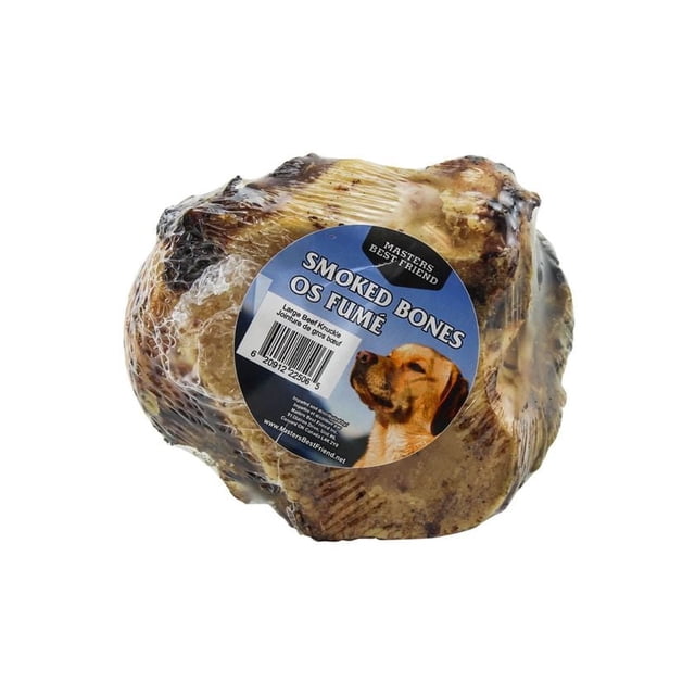 Masters Best Friend Os de Bœuf Fumé Grand pour Chien, Gâterie Enveloppée dans un Plastique Transparent avec une Étiquette Bleue Montrant une image de Chien et des Détails du Produit, Présentant un Os de Bœuf Fumé Naturel avec une surface Texturée, Idéal pour Récompenser les Chiens.