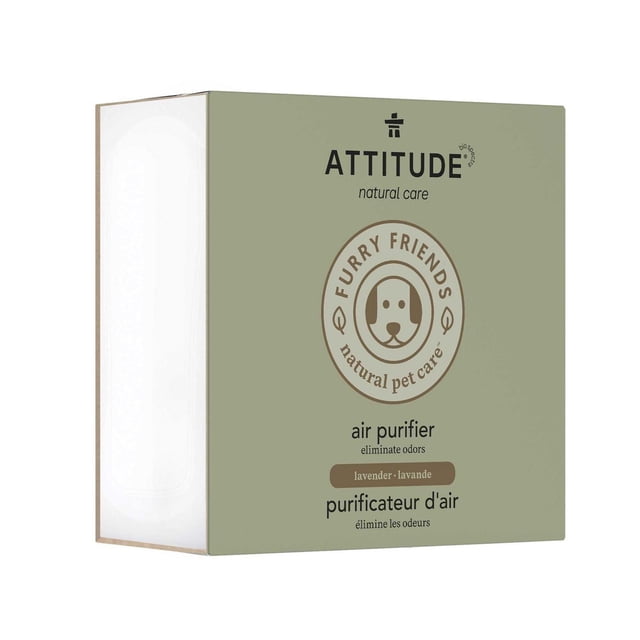 ATTITUDE™ Pet Odor Eliminator – Lavender Air Purifier box with natural pet care branding, beige-green front panel featuring a circular dog face logo and bilingual text describing odor elimination with activated carbon and a gentle lavender scent.