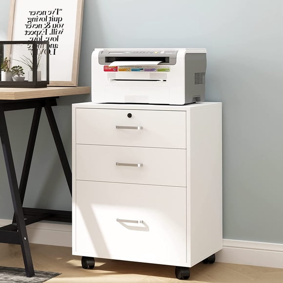 Soges 3 Drawer Mobile File Cabinet, Rolling Filing Cabinet, Modern Office Cabinet with Lock and Wheels, White