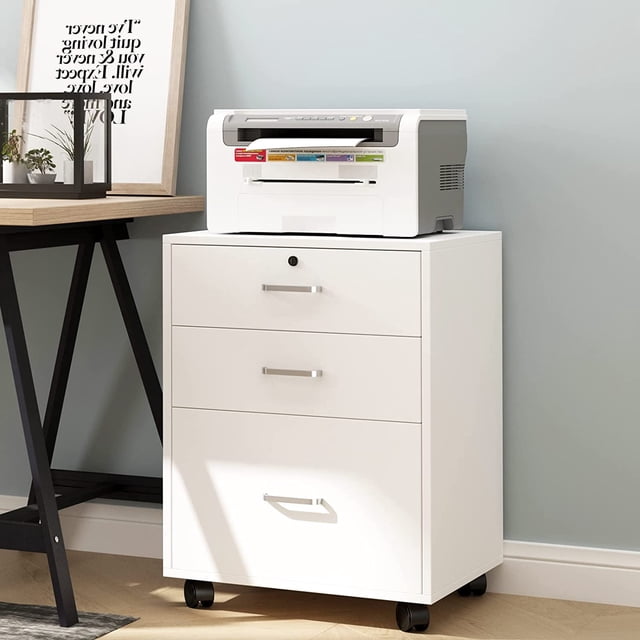 Soges Classeur Mobile à 3 Tiroirs, Classeur Roulant, Armoire de Bureau Moderne avec Serrure et Roulettes, Blanc