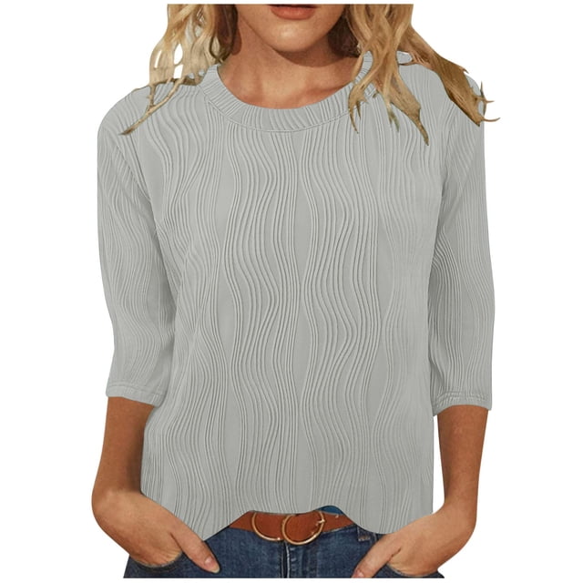 Timegard Hauts d'Été pour Femmes Col Rond Manches 3/4 Couleur Unie Chic Décontracté Chemises Amples Hauts Blouse