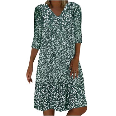 QIPOPIQ Robes pour Femmes Robe Midi à Étages à Manches Longues Robes Décontractées Tendance Robe d'Été à Col en V Imprimé Robe Mini à Manches 3/4 Pliées Offres 2023