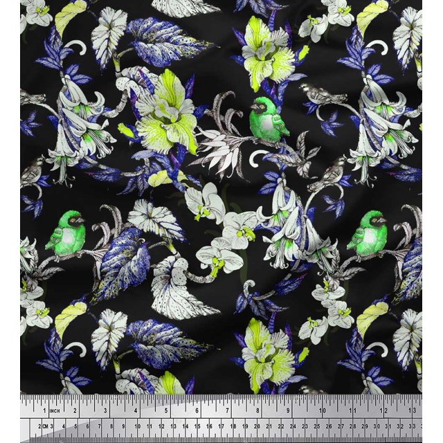 Soimoi Green Polyester Crepe Fabric Bird,Leaves & Orchids Flower Print Sewing Fabric BTY 52 Inch Wide