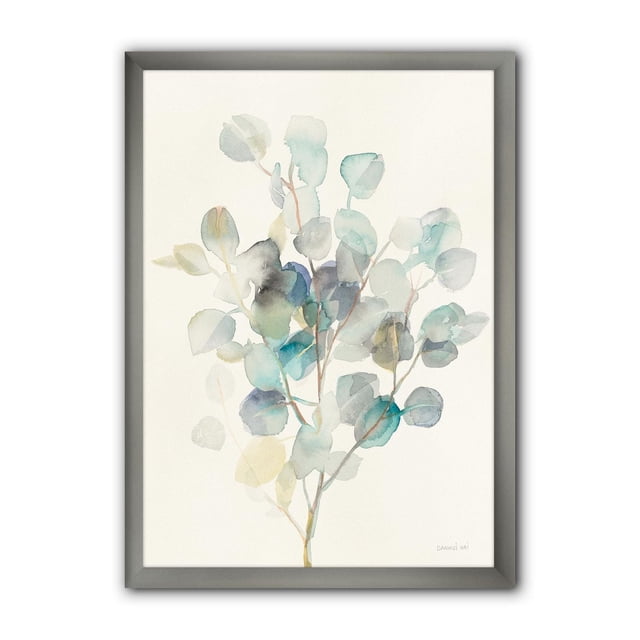 Designart Eucalyptus leaves I Framed Wall Art showing a centered watercolor eucalyptus branch with blue and green leaves on premium cotton canvas, mounted in a 1.5-inch wide grey frame. This traditional floral canvas print arrives ready to hang with included hardware and instructions, suitable for enhancing home décor.