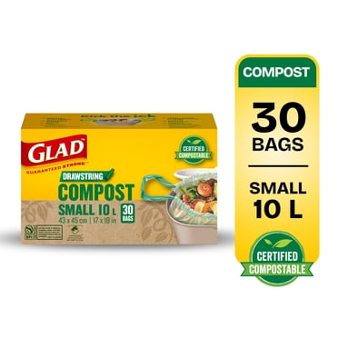 Glad Certified Compostable Drawstring Bags - Small 10 Litres - Drawstring, 30 Compost Trash Bags -