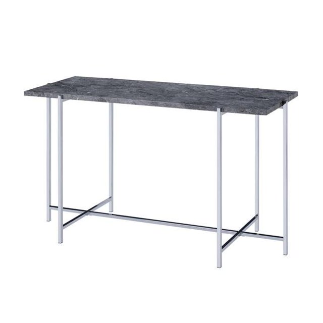 Benzara BM204502 Contemporary Marble Top Sofa Table with Trestle Base, Gray & Silver