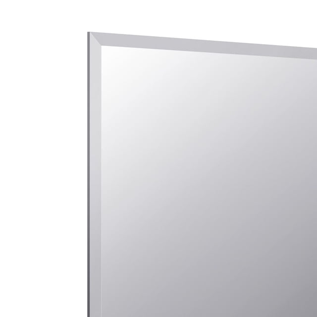 A&E Bath and Shower Asile Miroir Décoratif 24x36 avec un design Rectangulaire Sans Cadre à Bords Biseautés, Montré en Gros Plan en Angle Mettant en Valeur Sa surface Réfléchissante Lisse et Son style Moderne, Convient à la Décoration Murale de Salle de Bain, de Chambre Ou de Couloir.