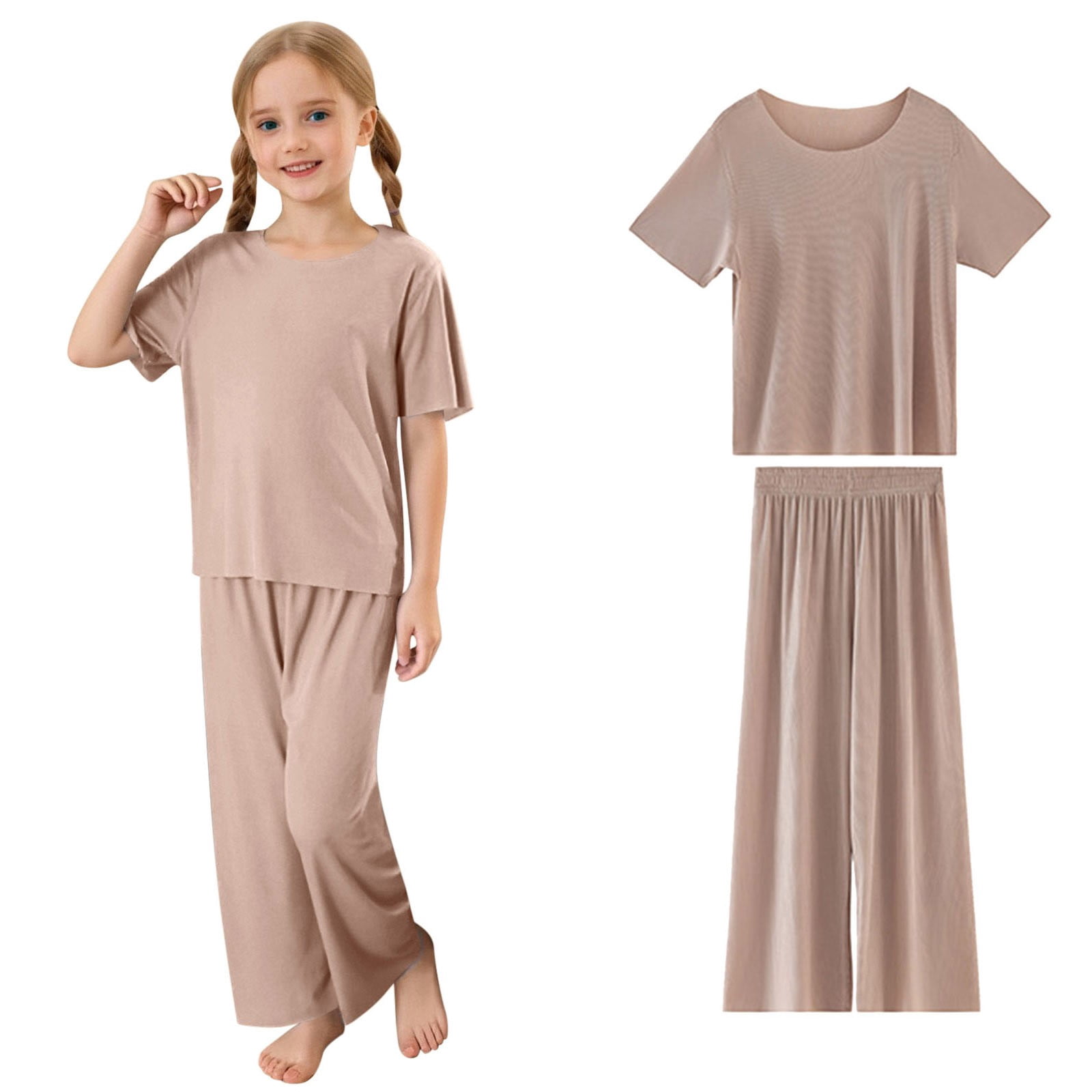 Hiiyo Big Girls Pajamas Soft Ribbed Short Sleeve T-Shirt Pants Loungewear, Sizes 1-15