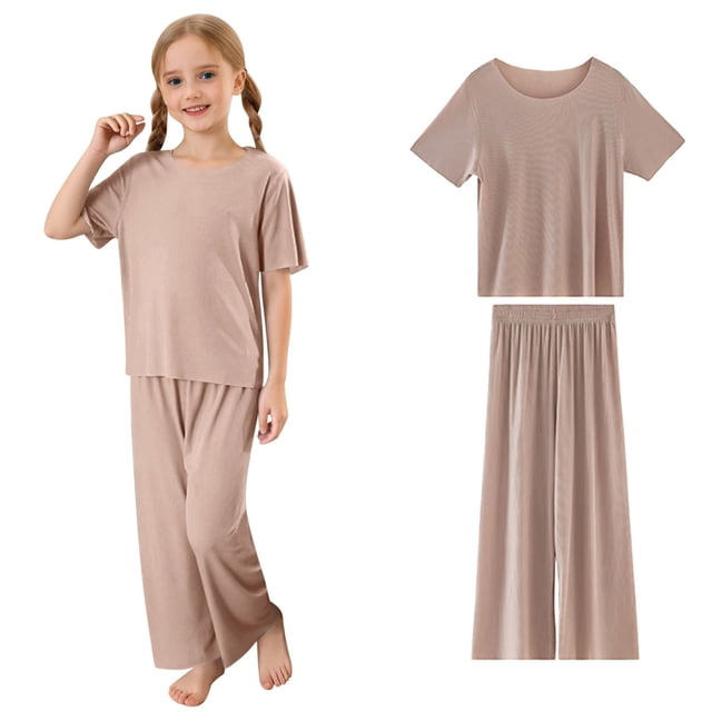 Hiiyo Big Girls Pajamas Soft Ribbed Short Sleeve T-Shirt Pants Loungewear, Sizes 1-15