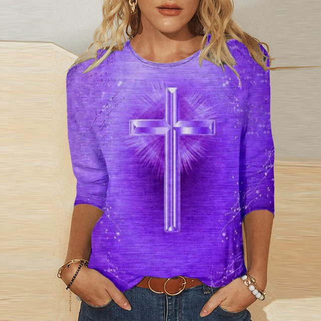 Xihbxyly Hauts pour Femmes Manches 3/4 T-shirt Imprimé Col Rond de Pâques Manches 3/4 Chandail Col Rond Articles en Liquidation