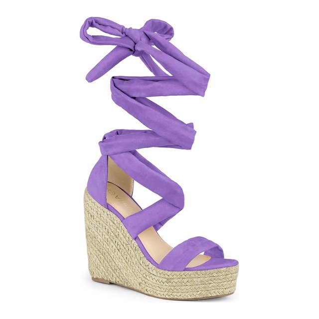 BLISSFUL STEP Sandales pour Femmes en Faux Suède à Plateforme Compensée à Lacets à Bout Ouvert Violet 9