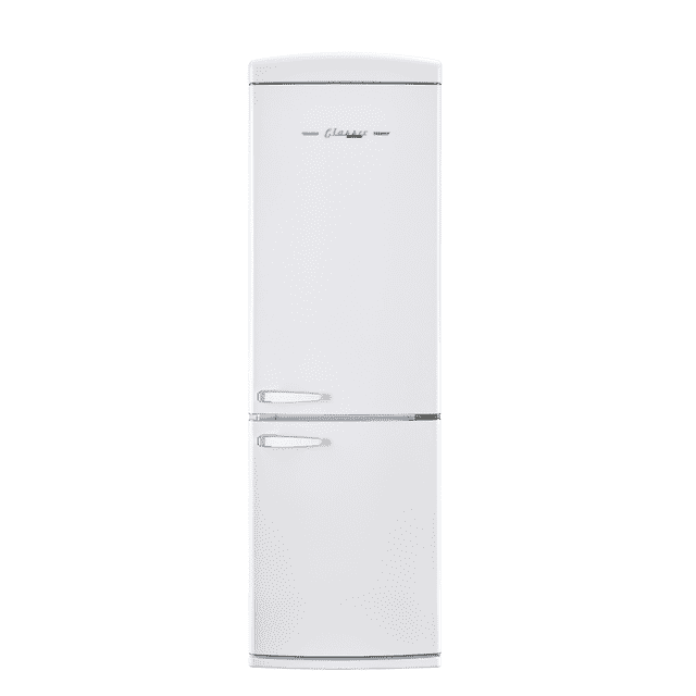 Classic Retro 24 In 12 Cu.ft. Bottom Mount Refrigerator with a sleek white finish and chrome accents. Features include a frost-free design, ENERGY STAR certification, a mechanical ice maker, adjustable door shelves, a humidity-controlled drawer, and premium side lighting with a door alarm. The retro-inspired design includes zinc cast handles and a gallon door bin for added convenience.