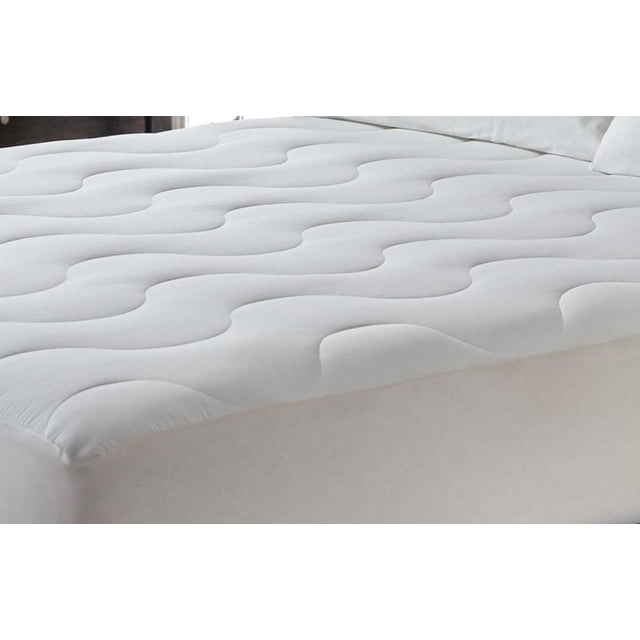 Maholi Water-Proof Mattress Protector in white with quilted coral fleece and water wave pattern, elastic polyester skirt fits mattresses up to 17 inches deep, offering a soft, smooth surface ideal for bed protection against spills and stains.