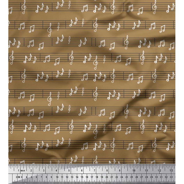 Soimoi Brown Modal Satin Fabric Notes Musical Instrument Print Fabric by the Yard 42 Inch Wide