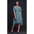 thumbnail image 3 of Bimba Blue Leaves Printed Womens Ruffle Front Cold Shoulder Swing Shift Dress - X-Large, 3 of 6