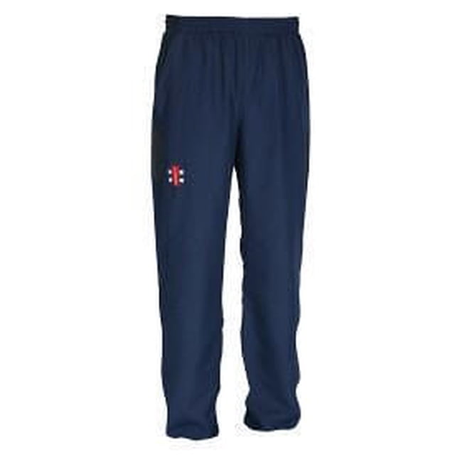 Gray Nicolls 2X-Large Navy Track Trouser with cricket-specific fit for natural movement, ventilation zones for airflow and heat control, solid navy color, elastic waistband, and small cricket logo on the upper thigh.