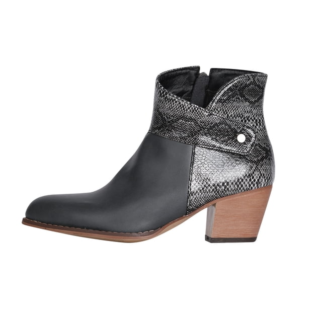jovati Womens Leather Patchwork Thick Heel High Heel Zipper Pointed Snake Ankle Boots