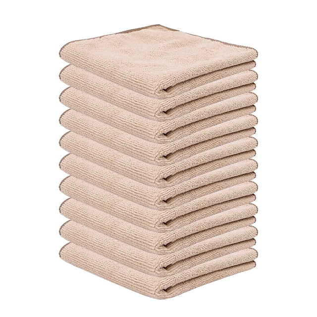 LSLJS 10PCS Microfiber Cleaning Cloth set featuring ultra-soft, beige-colored cloths stacked neatly. Designed for multi-functional use, these cloths are ideal for cleaning kitchens, cars, windows, and delicate surfaces like glass and stainless steel. Made from ultra-fine fibers, they offer superior water absorption, are reusable, and leave no lint or streaks. Compact and lightweight, suitable for various cleaning tasks.