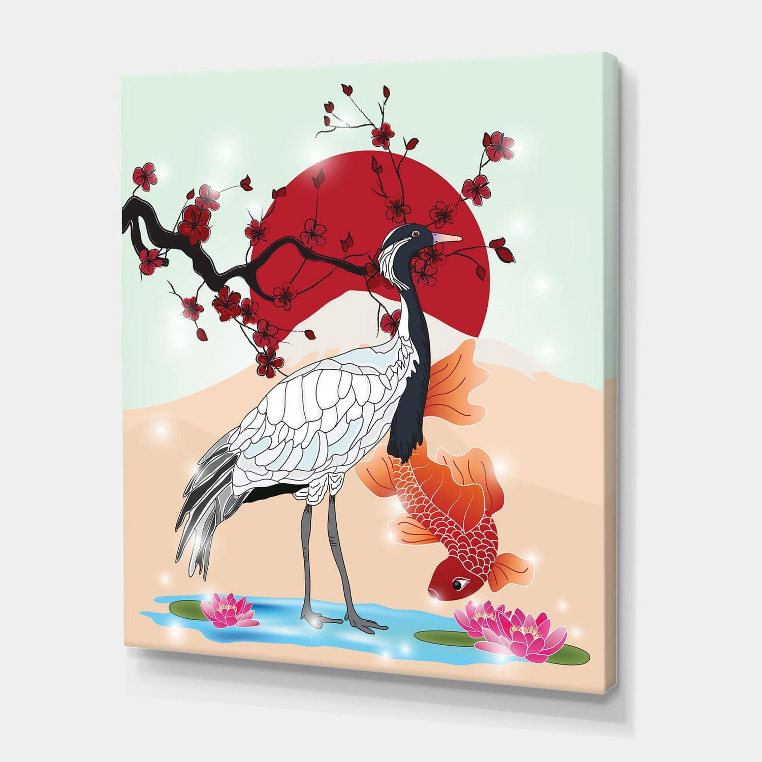 Designart Oiseau grue et poisson Koi Art mural sur toile