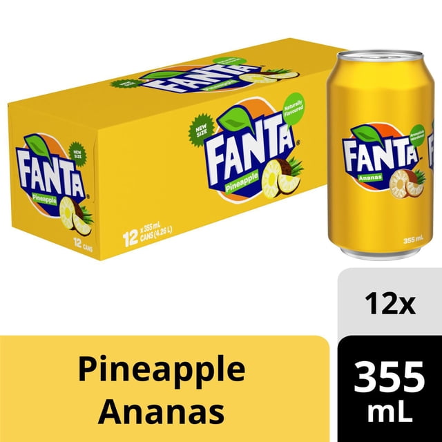 Fanta Canettes Fridgepack Ananas, 355 ml, Lot de 12 Mettant en Vedette une Boîte en Carton Jaune avec Image de Marque Fanta et Graphiques d'Ananas, à Côté d'Une Seule Canette Jaune Étiquetée Fanta Ananas en Anglais et en Français, Mettant en Valeur la Boisson Gazeuse Aromatisée aux Fruits Sans Caféine dans un Emballage en Vrac, Convenant pour Faire des Bas de Noël sur des Boissons Gazeuses Rafraîchissantes.