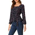 thumbnail image 4 of INSPIRE CHIC Blouse à Manches Longues Florale à Encolure Carrée avec Ceinture Marine TP, 4 of 6