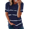 thumbnail image 1 of Pxiakgy T-Shirts pour Femmes Mode T-shirt Ample à Manches Courtes Col Rond Imprimé Rayé Hauts T-Shirts pour Femmes Bleu Marine + 4TG, 1 of 3