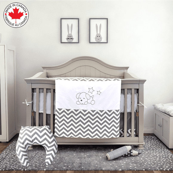 5 Piece Sleeping Dog Baby Bedding – Grey and White Zigzag (#714fp WITH Feeding Pillow by Bebelelo)