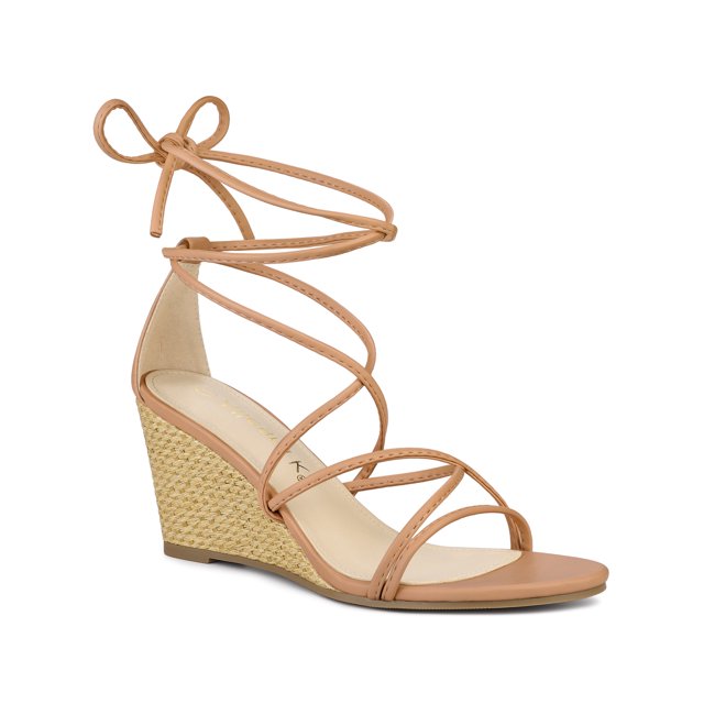 BLISSFUL STEP Sandales à Talon Compensé à Lacets à Brides pour Femme Nude (Taille 9)