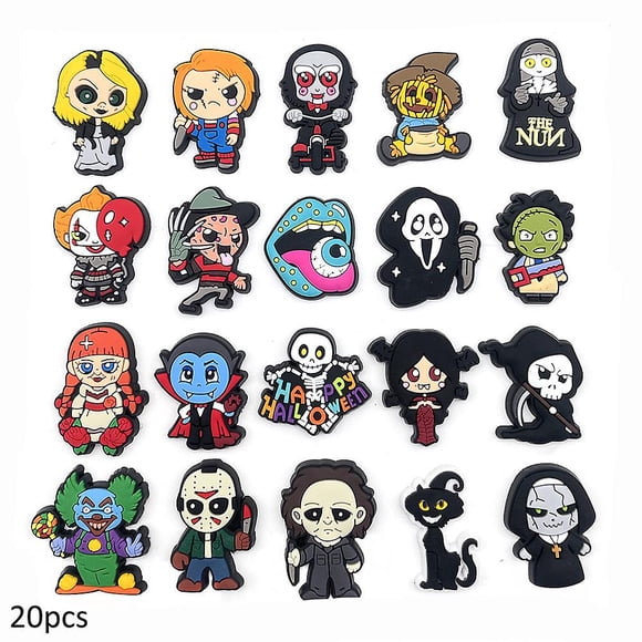 Lot de 20 Breloques Jibbitz pour Sabots Crocs Halloween Personnages de Films d'Horreur Classiques Accessoires de Décoration de Chaussures Dessin Animé