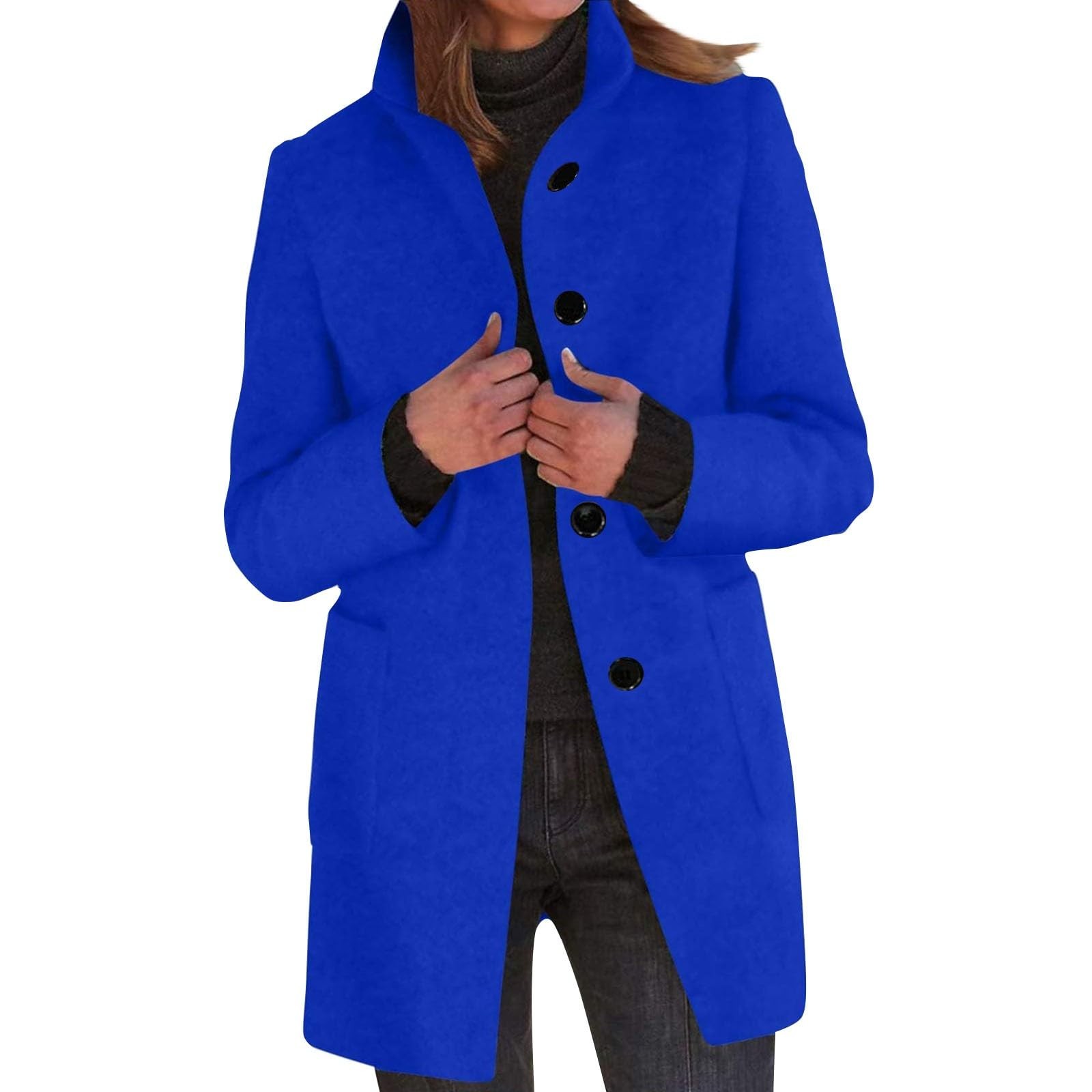 Long Coats For Women Winter Stand Collar Single Breasted Wool Coats Wool Blend Peacoat Thicken Jacket