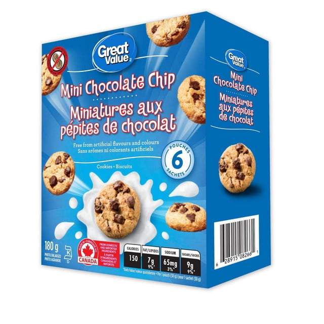 Great Value Mini Chocolate Chip Cookies box with six snack-sized pouches totaling 180 g, featuring blue packaging with chocolate chip cookies and milk splash graphics. Made in Canada with no artificial flavours or colours, ideal for convenient snacking.