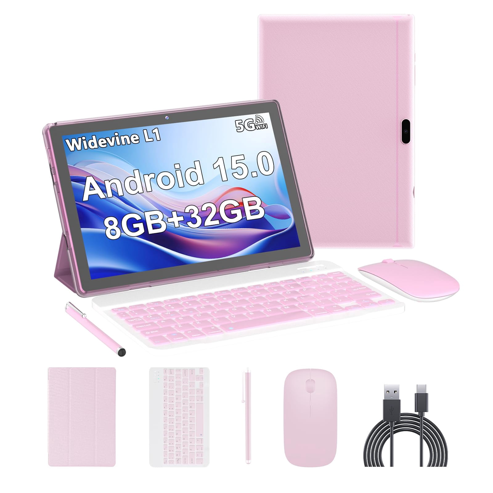 Android 15 Tablet,10 inch Tablets, 8GB RAM+32GB ROM/2TB Expandable, 2 in 1 Tablets with Keyboard Case, 1280x800 IPS Display Scree