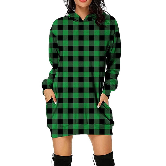 Bellella Robe Chandail en Molleton Femme Midi Longue à Capuche à Carreaux Manches Décontractées Automne Vert 2TG