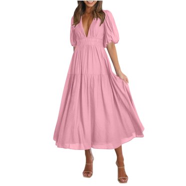 HVOBTTY Robes d'Été Décontractées à Manches Courtes pour Femmes, Robe Longue Décontractée pour Dames à Manches Bouffantes, Col en V, Rose, m